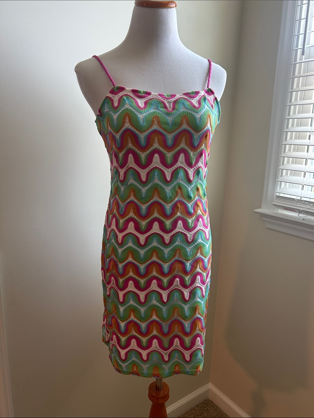 Multicolor Wave Knit Spaghetti Strap Dress. Colors vibrant. Zip closure.